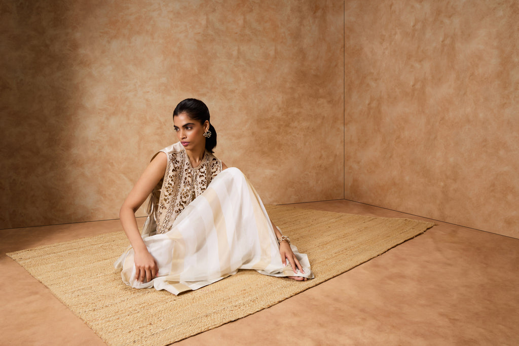 Rose Gold Artcut Jacket & Ivory Gold Pleated Skirt Set