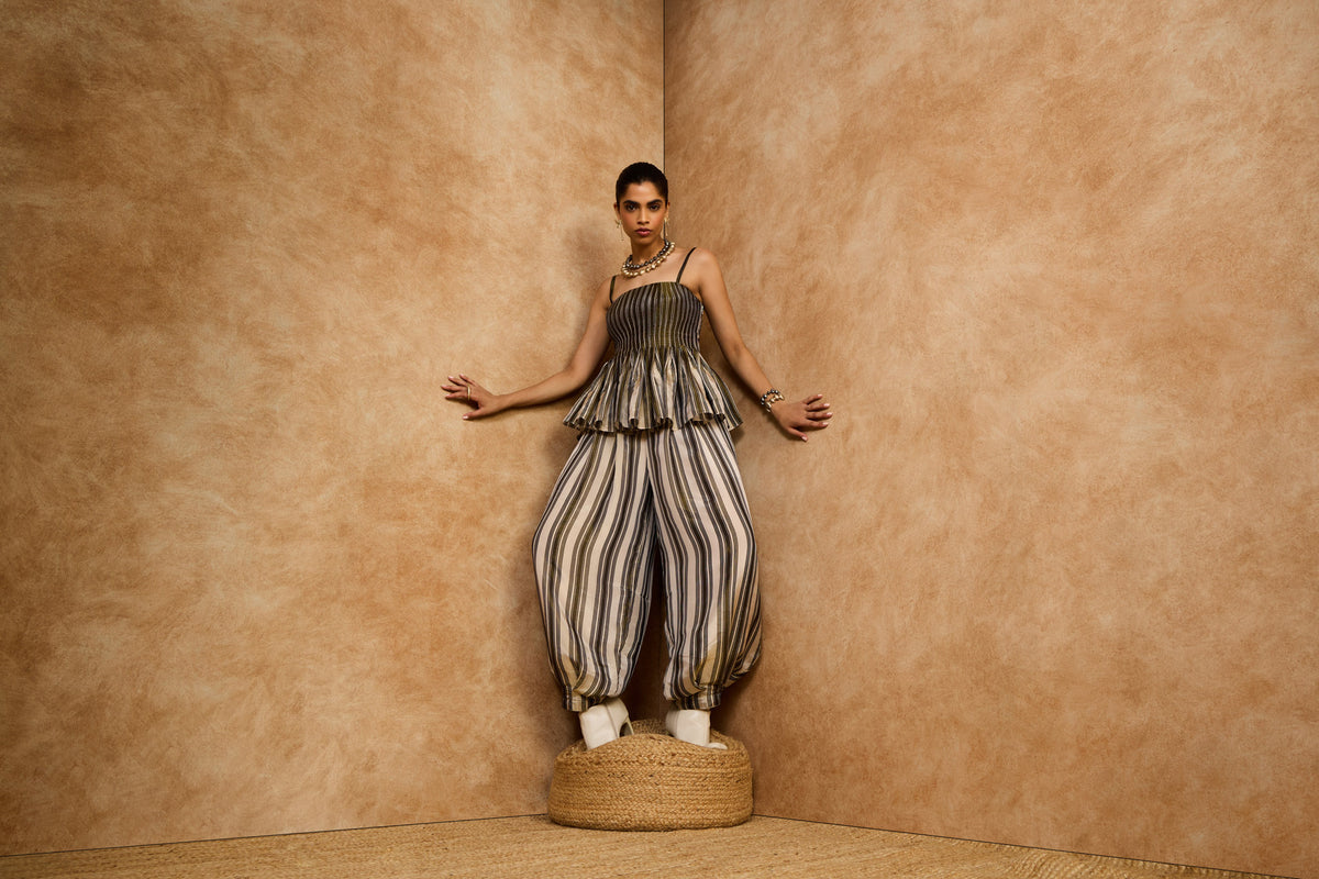 Olive Striped Peplum Top & Barrel Pants Set