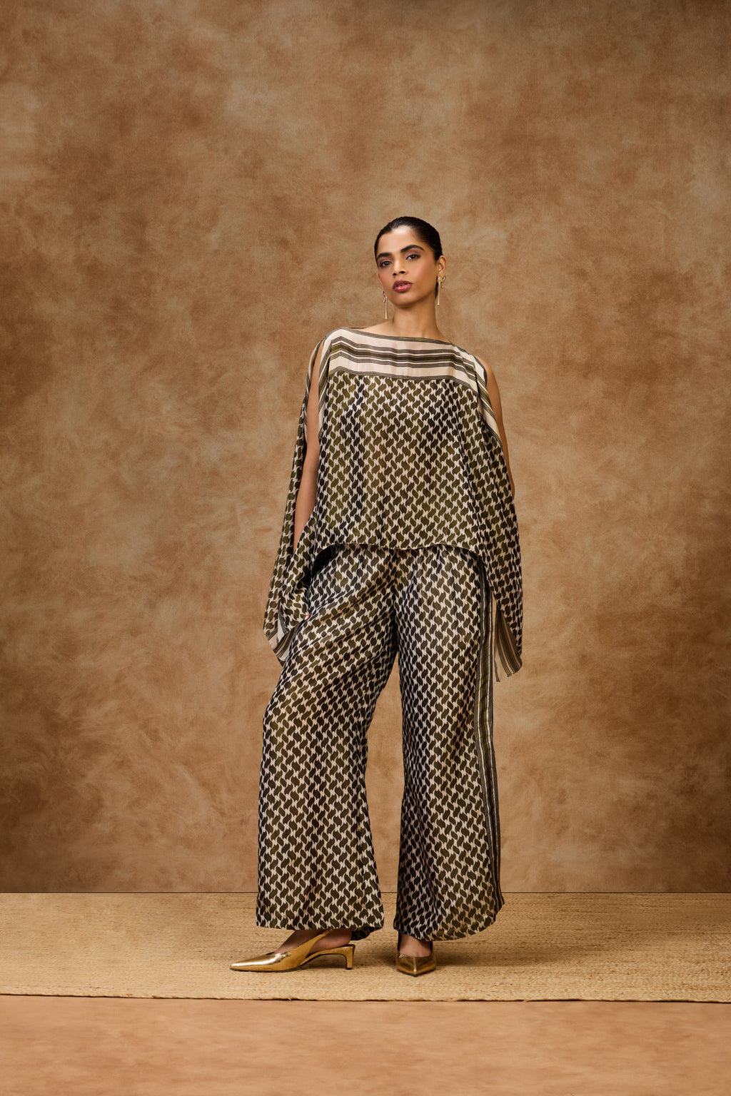 Olive Mosaic Kaftan Top & Pleated Pants Set
