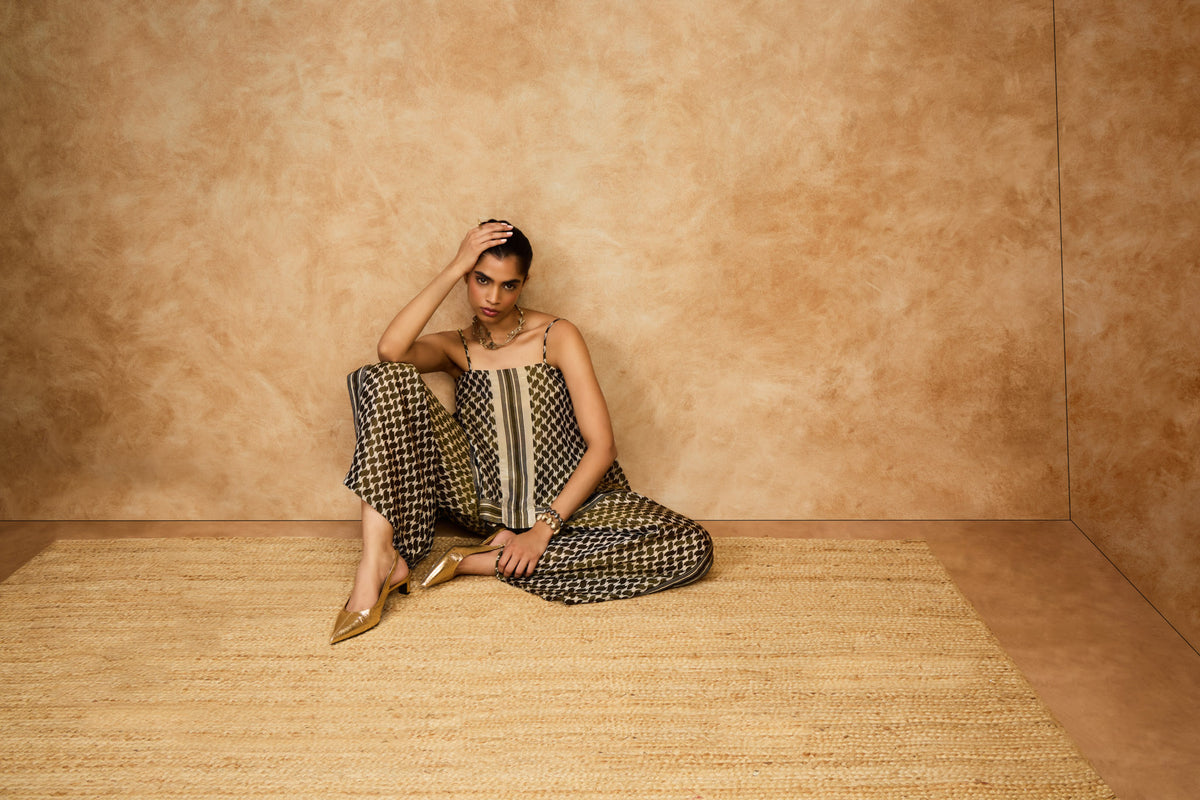 Olive Mosaic Strappy Top & Pleated Pants Set