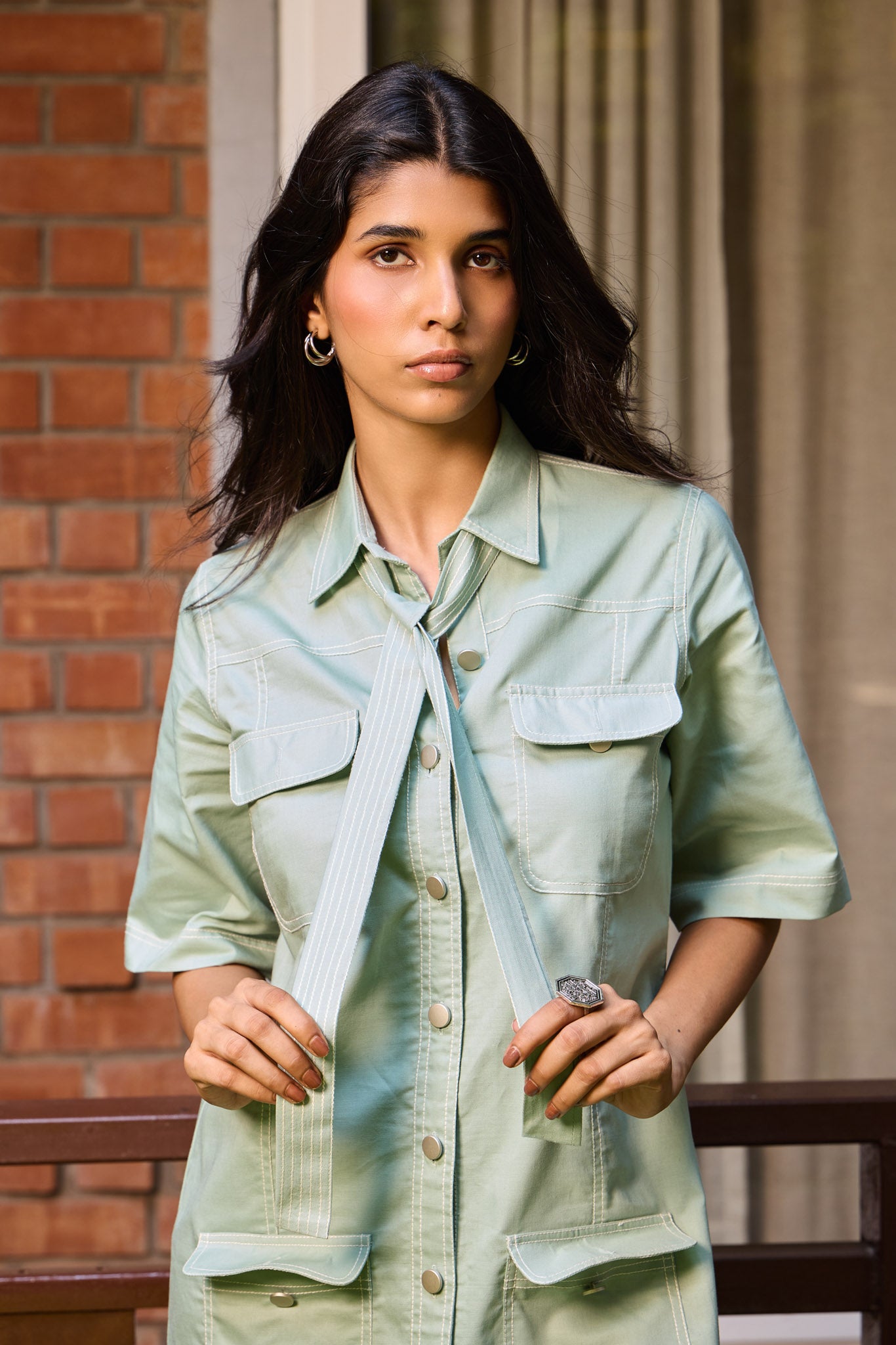 Sage Utility Shirt Dress