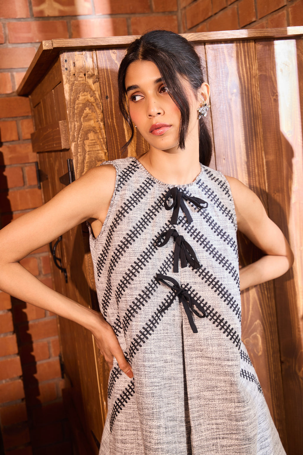 Summer Tweed Embroidered Bow Shift