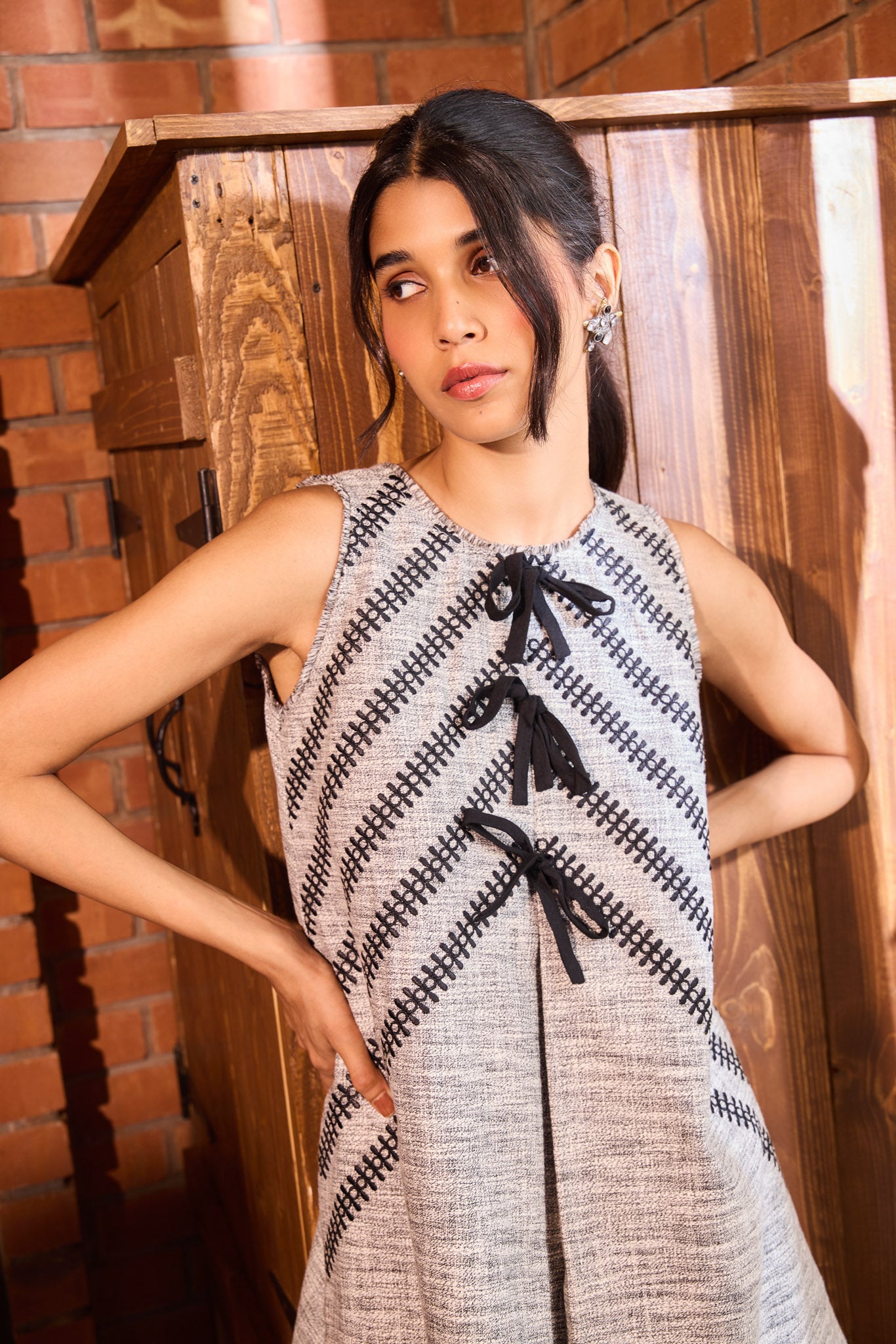 Summer Tweed Embroidered Bow Shift