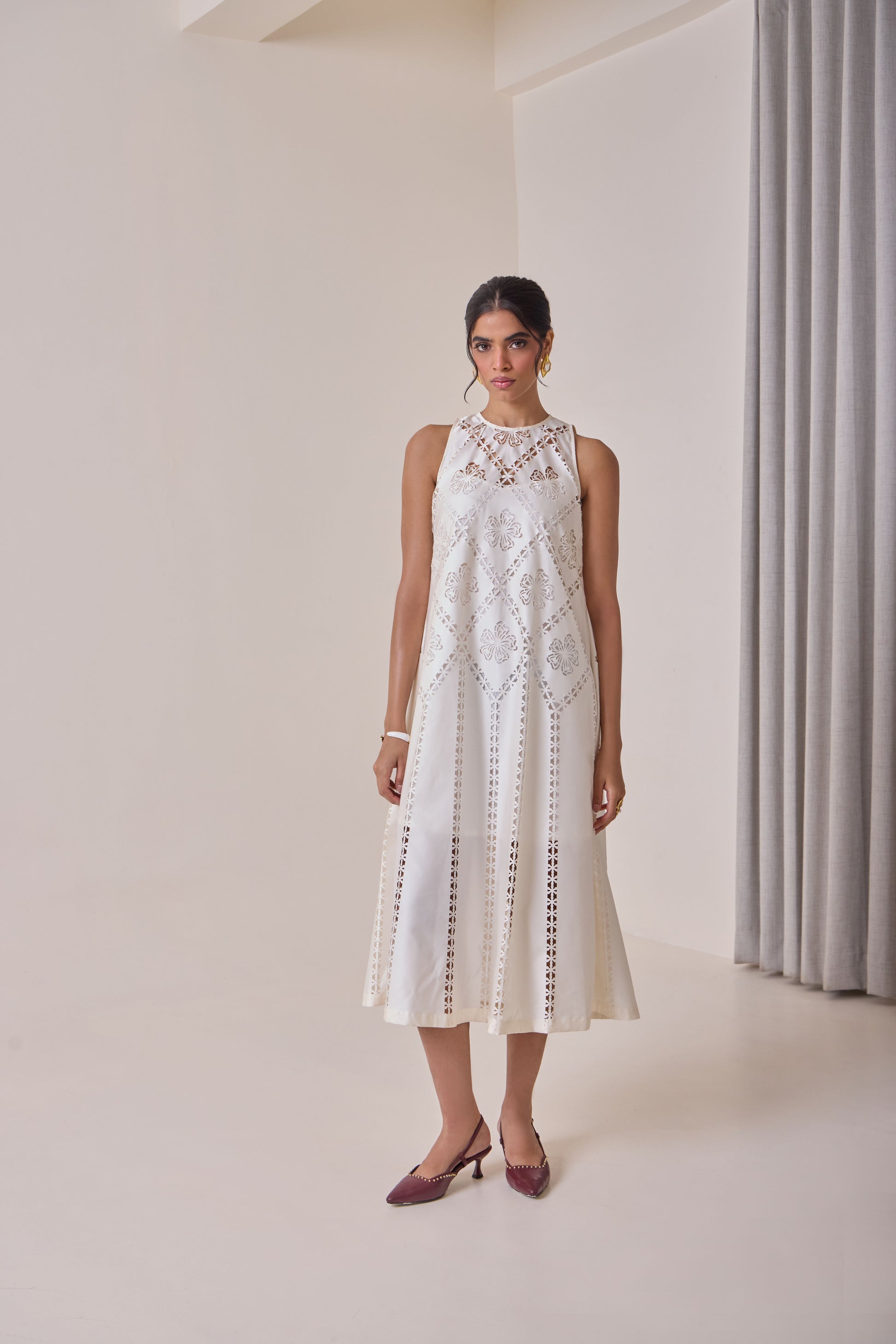 Pearl Cut-Work Midi Dress