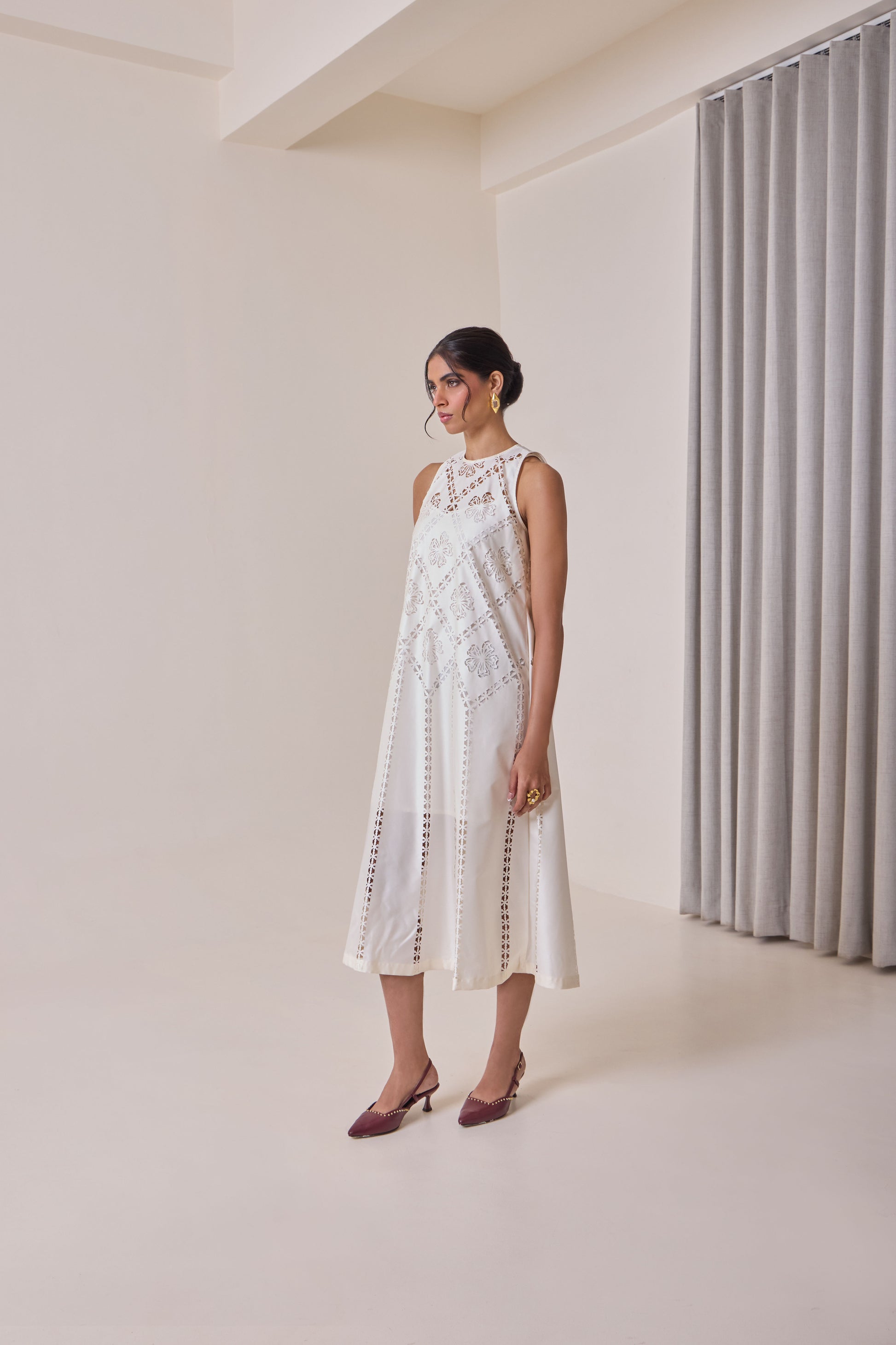 Pearl Cut-Work Midi Dress