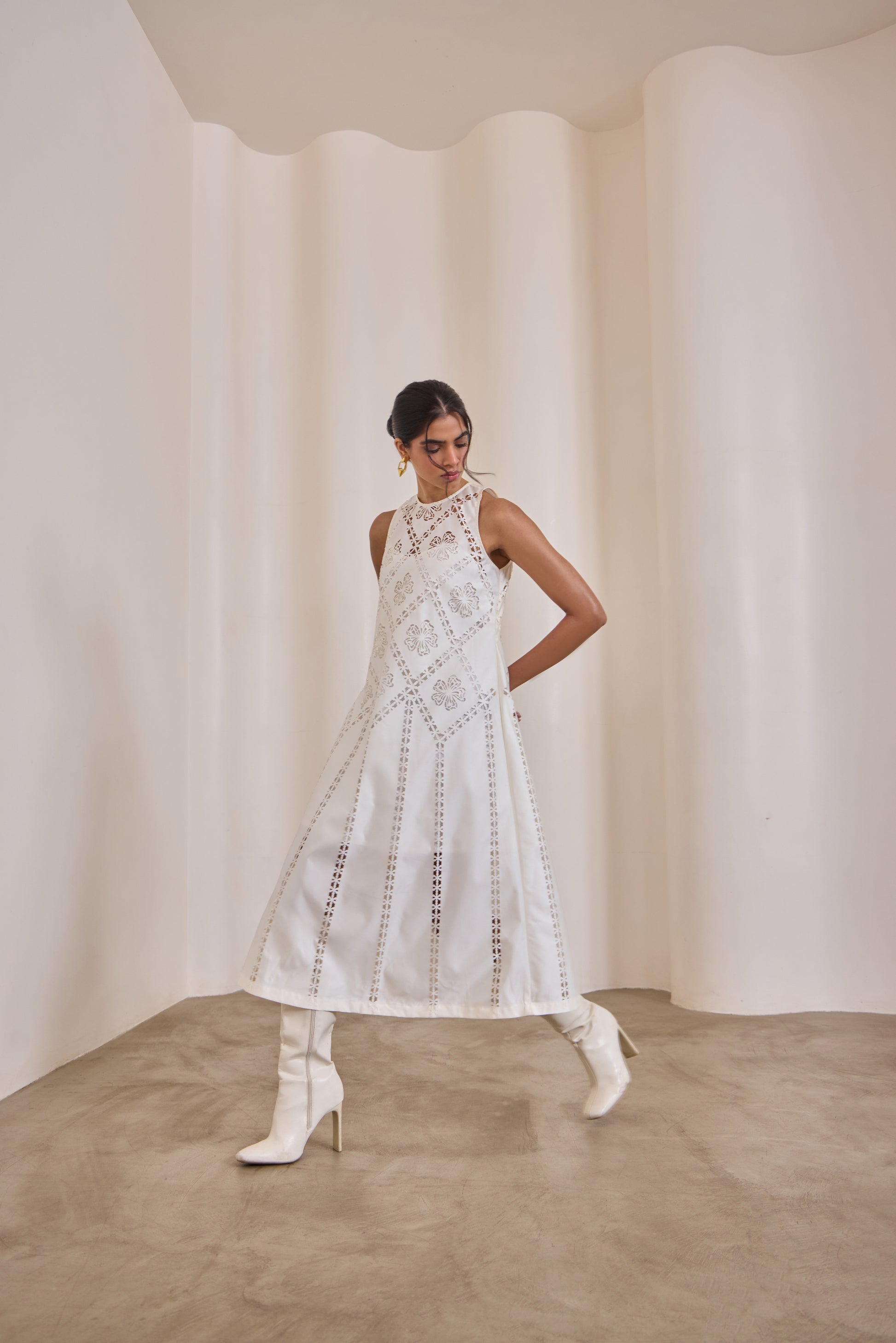 Pearl Cut-Work Midi Dress